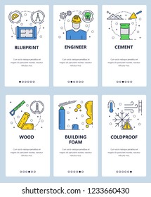 Vector web site linear art onboarding screens template. Building construction objects, engineer, blueprint, foam, cement. Menu banners for website and mobile app development.