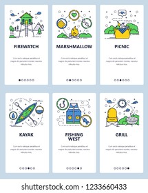 Vector web site linear art onboarding screens template. Outdoor camping, picnic and sport activities icons. Fishing, kayaking. Menu banners for website and mobile app development.