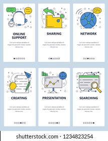 Vector web site linear art onboarding screens template. Internet services, data sharing, searching and creating presentations. Menu banners for website and mobile app development