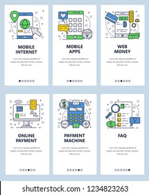 Vector web site linear art onboarding screens template. Mobile apps and internet online money payments. Menu banners for website and mobile app development