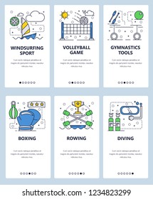 Vector web site linear art onboarding screens template. Sport icons, volleyball, canoeing, windsurfing, scuba diving and boxing. Menu banners for website and mobile app development.