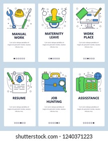 Vector web site linear art onboarding screens template. Construction worker tools, cv, briefcase and phone. Menu banners for website and mobile app development.