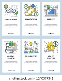 Vector web site linear art onboarding screens template. Exploration, navigation and market research icons. Menu banners for website and mobile app development.
