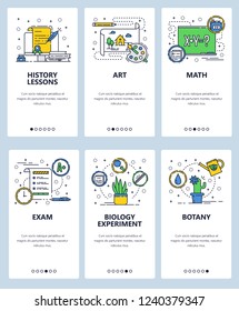 Vector web site linear art onboarding screens template. School education subjects. History, art, math, biology tests and lessons. Menu banners for website and mobile app development