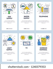 Vector web site linear art onboarding screens template. House utilities and services. Gas, water and electricity supply. Menu banners for website and mobile app development.