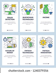 Vector web site linear art onboarding screens template. Fintech innovations and blockchain technologies. Finance fraud detection and future of the money. Banners for website and mobile app development