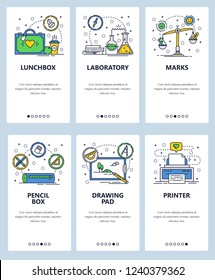 Vector web site linear art onboarding screens template. School accessories and icons. Chemistry lab, test grades, printer. Menu banners for website and mobile app development.