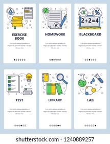 Vector web site linear art onboarding screens template. School education, library, books and chemistry lab. Math equation and test results. Menu banners for website and mobile app development.