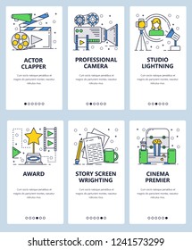 Vector web site linear art onboarding screens template. Movie industry objects, studo and cinema. Menu banners for website and mobile app development. Modern design flat illustration