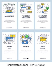 Vector web site linear art onboarding screens template. Computer services, data cloud storage and photo sharing. Menu banners for website and mobile app development. Modern design flat illustration