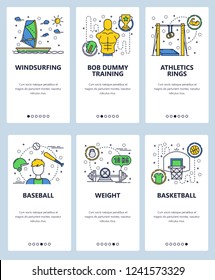 Vector web site linear art onboarding screens template. Sport icons, basketball, baseball, windsurfing, fitness. Menu banners for website and mobile app development.