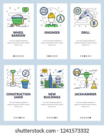 Vector web site linear art onboarding screens template. Building counstuction industry. Hardware tools, drill, jackhammer, wheel barrow. Menu banners for website and mobile app development.