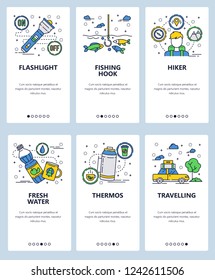 Vector web site linear art onboarding screens template. Outdoor camping, hiking and fishing icons. Flashlight, thermos, water bottle. Menu banners for website and mobile app development.