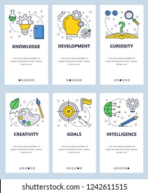 Vector web site linear art onboarding screens template. Knowledge, curiosity, intelligence and creativity. Menu banners for website and mobile app development