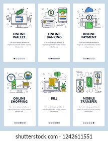 Vector web site linear art onboarding screens template. Finance and banking online services. Mobile payments and money transfer. Menu banners for website and mobile app development.