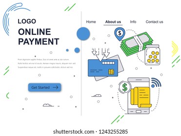 Vector web site linear art design template. Online money payment and new banking technology. Fintech concept. Landing page for website and mobile development. Modern flat illustration