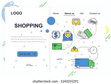 Vector web site linear art design template. Online shopping, money payment and package delivery. Landing page concepts for website and mobile development