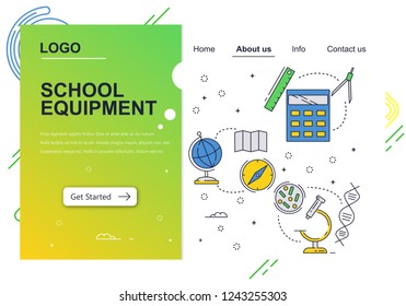 Vector web site linear art design template. School accessories. Education subjects, biology, math, medicine. Landing page concepts for website and mobile development.