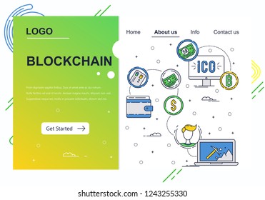 Vector web site linear art design template. Blockchain technology and bitcoin cryptocurrency. ICO and crypto mining. Landing page concepts for website and mobile development. Modern flat illustration
