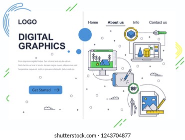 Vector Web Site Linear Art Design Template. Graphic Art, Drawing Tablet And Software . Landing Page Concepts For Website And Mobile Development. Modern Flat Illustration