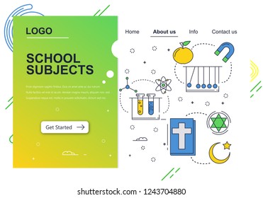 Vector web site linear art design template. School education subjects. chemistry, physics, religion. Landing page concepts for website and mobile development. Modern flat illustration