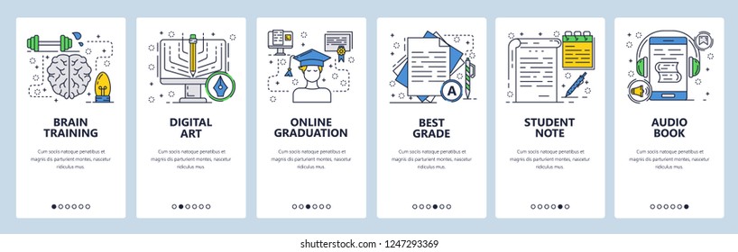 Vector web site linear art onboarding screens template. Online school education and brain training. Menu banners for website and mobile app development.