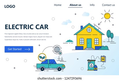 Vector web site linear art design template. Electric car and solar panel power source. Landing page concepts for website and mobile development. Modern flat illustration