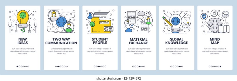 Vector Web Site Linear Art Onboarding Screens Template. New Eco Ideas, People Communication, Profile Folder, Documents Exchange And Knowledge Mind Map. Menu Banners For Website And Mobile App