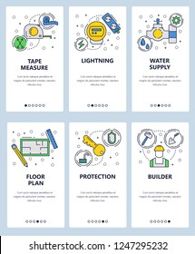 Vector web site linear art onboarding screens template. House utilities, construction worker, floor plan and electricity utilities. Menu banners for website and mobile app development.