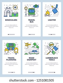 Vector web site linear art onboarding screens template. Travel planning outdoor camping vacation. Binoculars, knife, lighter and lumberjack tools. Menu banners for website and mobile app development