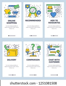 Vector web site linear art onboarding screens template. Online shopping icons, internet store, customer service, chat and delivery. Menu banners for website and mobile app development. Modern design