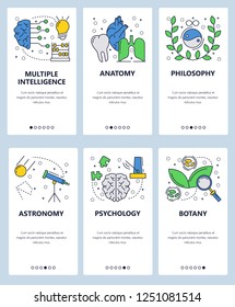 Vector web site linear art onboarding screens template. School and science subjects, anatomy, phylosophy, astronomy, botany. Menu banners for website and mobile app development.