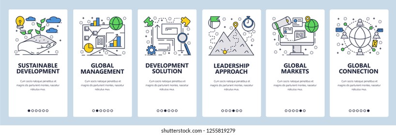 Vector web site linear art onboarding screens template. Global management, leadership and networking. Menu banners for website and mobile app development
