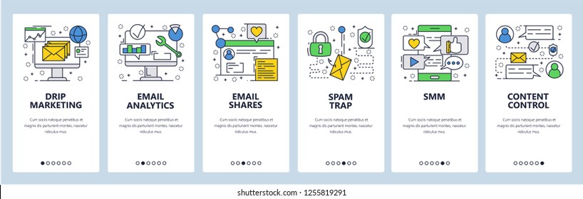 Vector web site linear art onboarding screens template. Online digital and drip marketing, email analytics and spam. Menu banners for website and mobile app development. Design flat illustration