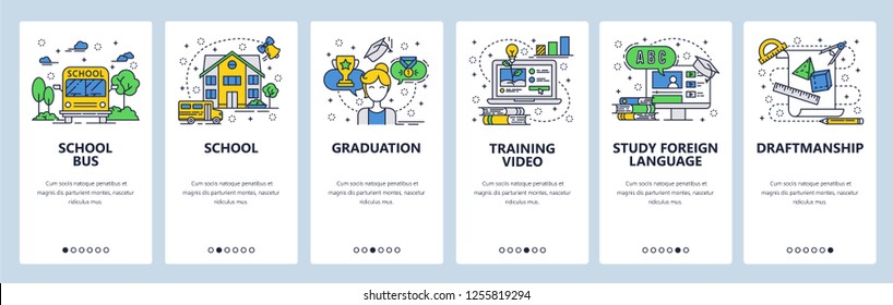 Vector web site linear art onboarding screens template. Education, school, tutorial video and books. Menu banners for website and mobile app development. Modern design flat illustration