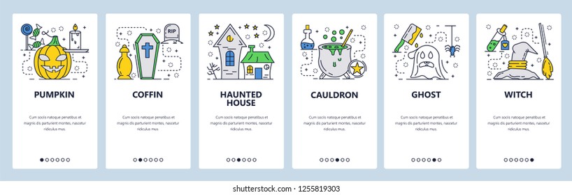 Vector web site linear art onboarding screens template. Halloween party. Menu banners for website and mobile app development. Modern design flat illustration