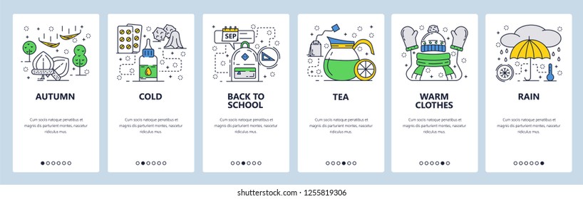 Vector web site linear art onboarding screens template. Fall season, flu, warm clothes, rain. Menu banners for website and mobile app development. Modern design flat illustration