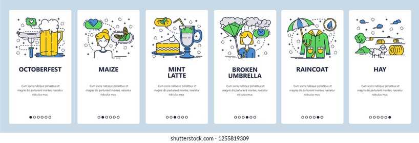 Vector web site linear art onboarding screens template. Autumn rain season, raincoat, wind and broken umbrella. Menu banners for website and mobile app development.