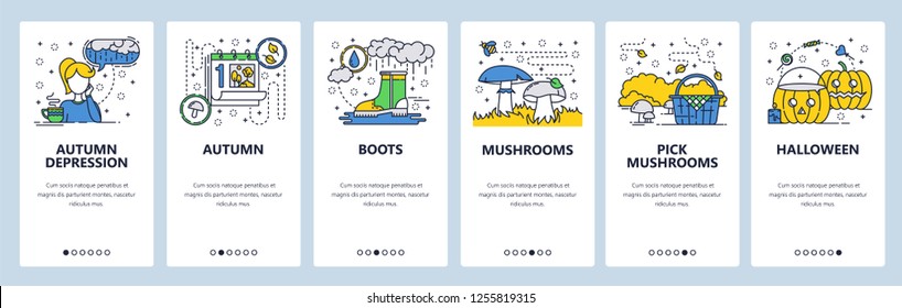 Vector web site linear art onboarding screens template. Autumn season, rain, forest mushrooms. Menu banners for website and mobile app development. Modern design flat illustration