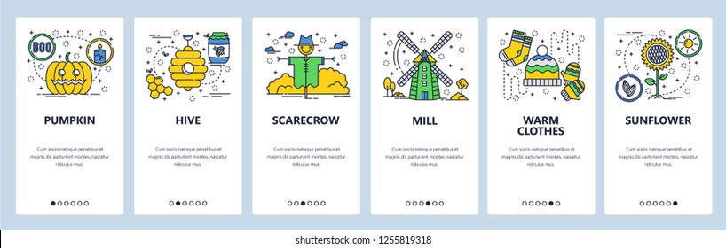 Vector web site linear art onboarding screens template. Farm, garden, mill, sunflower. Menu banners for website and mobile app development. Modern design flat illustration