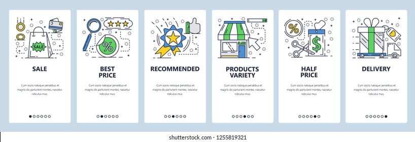 Vector web site linear art onboarding screens template. Shopping, sales and best price tag. Menu banners for website and mobile app development. Modern design flat illustration