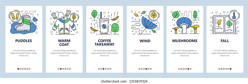 Vector web site linear art onboarding screens template. Fall season. Menu banners for website and mobile app development. Modern design flat illustration