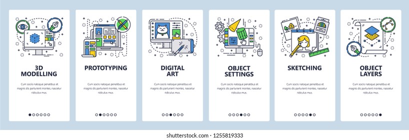 Vector web site linear art onboarding screens template. Digital art and design, 3d modelling, drawing, sketching. Menu banners for website and mobile app development. Modern design flat illustration