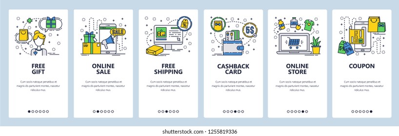 Vector web site linear art onboarding screens template. Online shopping, sales and promotion, cashback service and money payment. Menu banners for website and mobile app development.