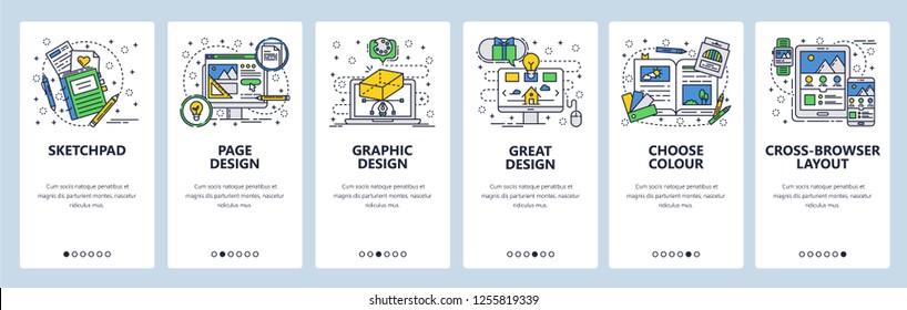 Vector web site linear art onboarding screens template. Computer graphic design and digital art. Menu banners for website and mobile app development. Modern design flat illustration