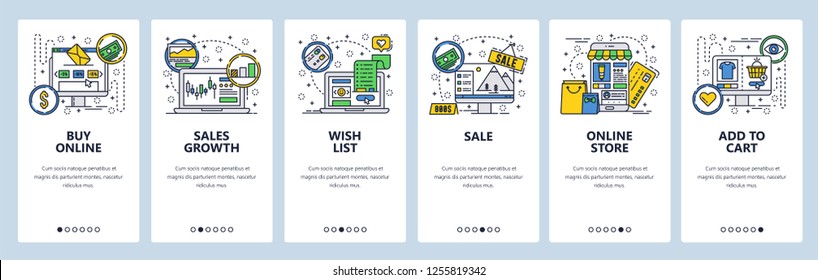 Vector web site linear art onboarding screens template. Finance market trading, online shopping, sales, store. Menu banners for website and mobile app development. Modern design flat illustration