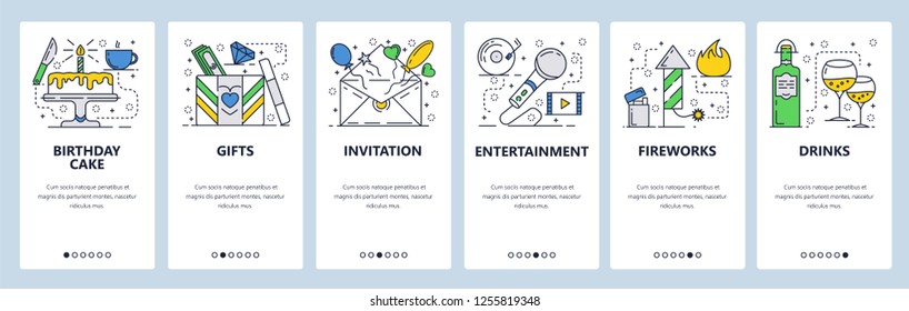 Vector web site linear art onboarding screens template. Birthday party, cake, gfts, fireworks and drinks. Invitation card. Menu banners for website and mobile app development. Design illustration