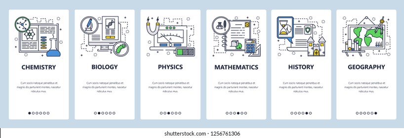 Vector web site linear art onboarding screens template. School education, chemistry, math, physics, biology, history, geography. Menu banners for website mobile app development. Design illustration