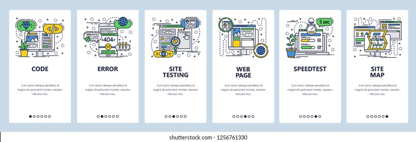 Vector web site linear art onboarding screens template. Web development, coding and testing, sitemap, speed test. Menu banners for website and mobile app development. Design flat illustration