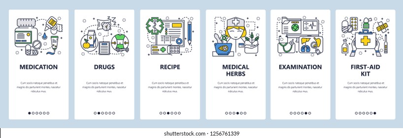 Vector web site linear art onboarding screens template. Healthcare and medicine icons. Drugs, first aid kit, nurse. Menu banners for website and mobile app development. Modern design flat illustration